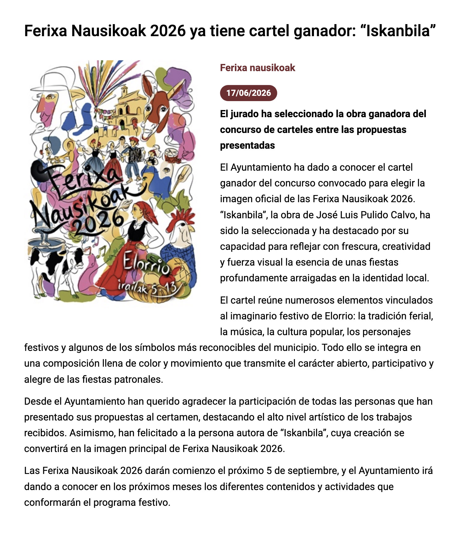 Cartel de las Fiestas de Elorrio 2026 por José Luis Pulido Calvo